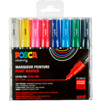 UNI POSCA Marker 8 kpl PC-1M 0,7-1mm perusvärit