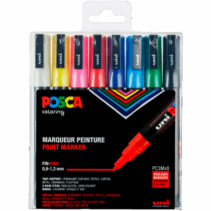 UNI POSCA Marker 8 kpl PC-3M 0,9-1,3mm perusvärit