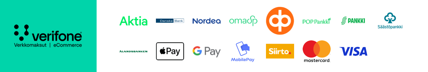 Verifone verkkomaksut: Aktia, DanskeBank, Nordea, OmaSP, OP, POP Pankki, S-Pankki, Säästöpankki, Ålandsbanken, ApplePay, GooglePay, MobilePay, Siirto, MasterCard, Visa
